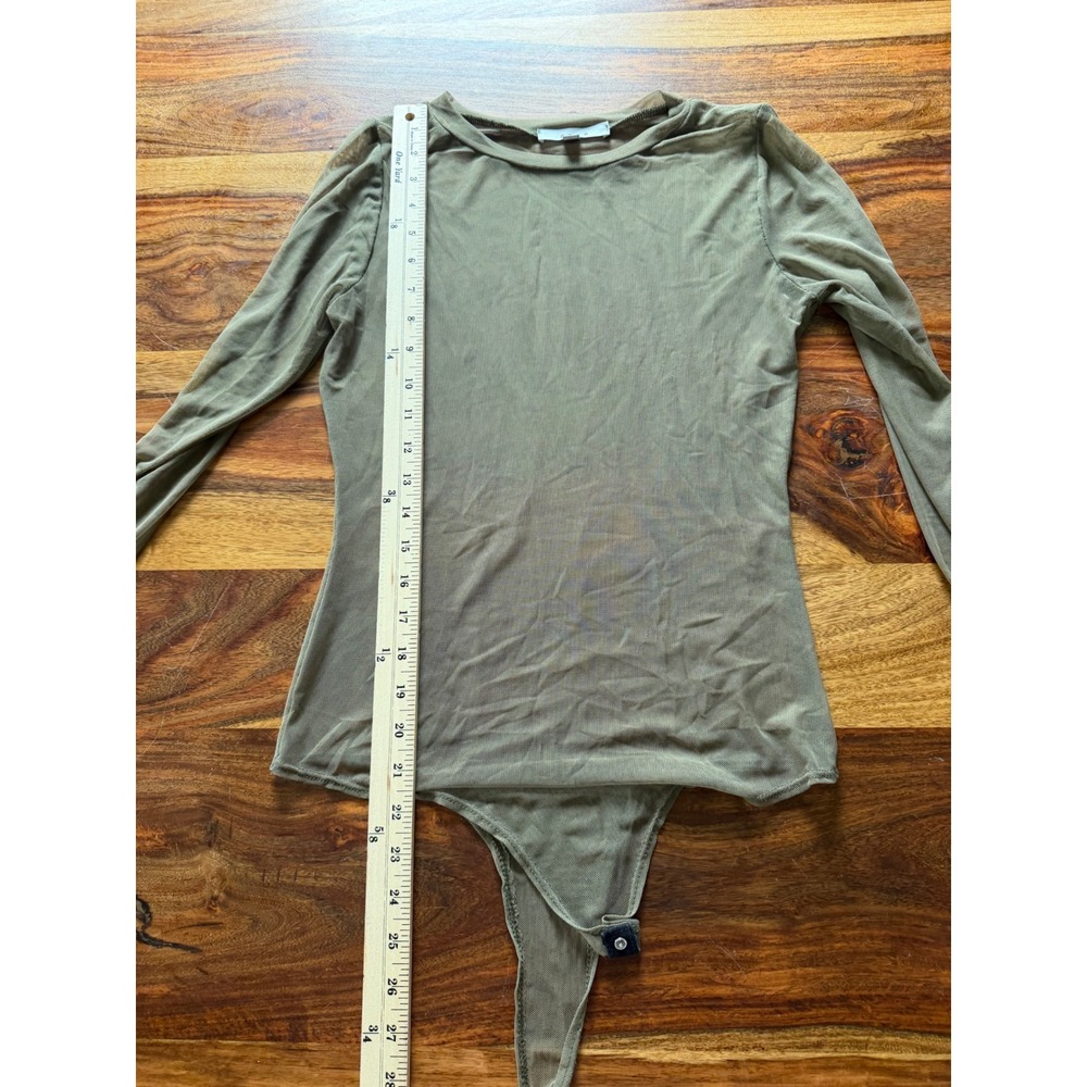 Gaze Olive Green Sheer Mesh Long Sleeve Bodysuit Womens Medium Snap Closure - Picture 7 of 8